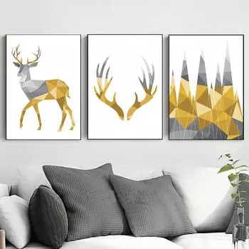 Абстрактные серо-желтые геометрические лесные плакаты с скандинавскими оленями, печать на холсте, настенная художественная печать, фотографии для гостиной, украшения дома 21*30cm