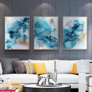 Абстрактные синие чернила золотая фольга линии плакаты и принты настенная живопись холст скандинавские настенные картины для гостиной домашний декор 21x30cm No Framed