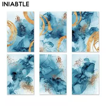 Абстрактные синие чернила, золотая фольга, линии, постеры и принты, настенная живопись на холсте, скандинавские настенные панно для гостиной, домашний декор 21cm30cm NoFrame