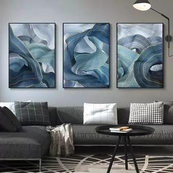 Абстрактные синие, зеленые, золотые линии, волнистые геометрические плакаты, новый китайский холст с принтом, живопись, современное настенное искусство, украшение для дома, картина 21cm30cm NoFrame