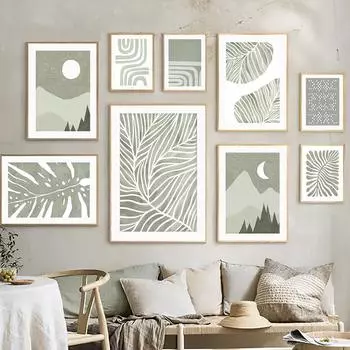 Абстрактные Солнце Луна Монстера Листья Линии Бохо Искусство Живопись Холст Скандинавские Плакаты И Принты Настенные Картины Для Декора Гостиной 21X30cm No Frame