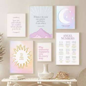 Абстрактные Солнце Луна Принты Ежедневный Манифест Плакат Закон Притяжения Ангел Числа Холст Картина Вселенная Цитата Настенные Картины 21x30cm No Framed