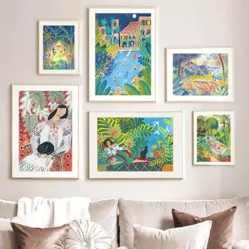 Абстрактные тропические джунгли, тигр, костер, девушка, река, настенная живопись, холст, картина, плакат и принты, настенные панно для декора гостиной 21x30cm No Framed