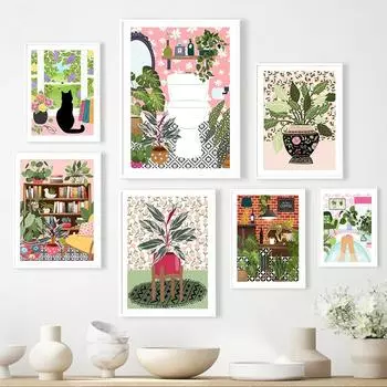 Абстрактные тропические растения цветы черные постеры кошки бохо настенное искусство холст картины принты настенные картины для декора гостиной 21x30cm No Framed