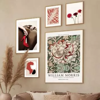 Абстрактные Уильям Моррис Листья Цветок Настенное Искусство Красные Туфли Женщина Картина Холст Гостиная Домашний Декор Постеры Печать Картины 21cm30cm NoFrame