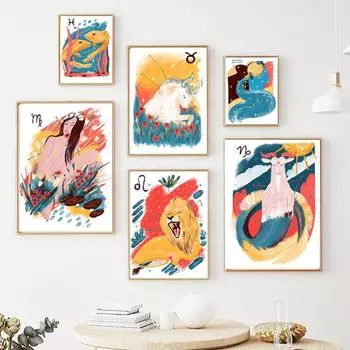 Абстрактные Водолей Лев Близнецы Телец Дева Зодиак Wall Art Холст Картины Плакаты и принты Настенные картины для декора гостиной Без рамки 21*30cm