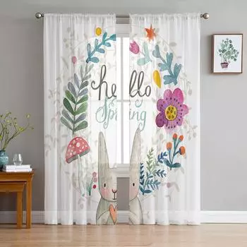 Абстрактные венок с кроликом, цветок, гриб, мультяшный лист, Тюль, прозрачные оконные шторы для гостиной, вуаль, занавески из органзы, шторы W135 x H115cm x1