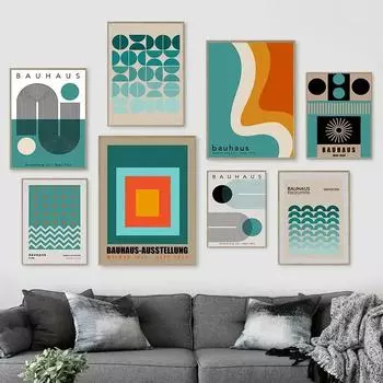 Абстрактные зеленые цветные блоки Баухаус Геометрический плакат Печать Картина Nordic Simple Line Холст Гостиная Настенный декор Живопись 21x30cm No Framed