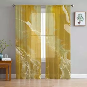 Абстрактные желтые мраморные прозрачные шторы для гостиной, спальни, домашний декор, кухня, тюль для окон, вуаль, шторы 135W x 114H(cm)