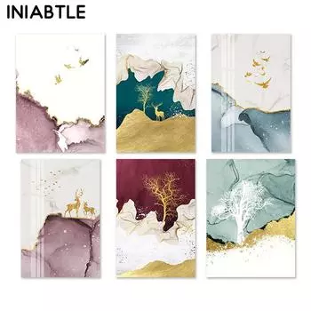 Абстрактные золотые птицы, олени, деревья, лесные постеры и принты, настенная живопись на холсте, скандинавские настенные панно для гостиной, домашний декор 21cm30cm NoFrame