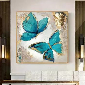 Абстрактные золотые, сине-золотые красивые бабочки, холст, живопись, постеры, принты, настенные художественные картинки для декора гостиной, Cuadros 20X20cm Unframed море салатовый