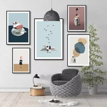 Абстрактный астронавт скандинавский воздушный шар кофе птицы пустынный дым плакат стены книги по искусству печать холст живопись Декор фотографии для гостиной 21X30cm No Frame
