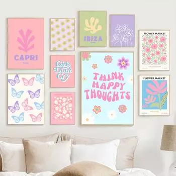 Абстрактный датский пастельный постер фиолетовый клетчатый смайлик цветок холст картина эстетическое настенное искусство комнаты картины для домашнего декора 21x30cm No Framed