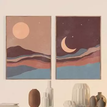 Абстрактный пейзаж в стиле бохо Солнце и Луна, современная картина на холсте, минималистичная настенная живопись, постеры, принты, домашний декор для гостиной 21cm30cm NoFrame