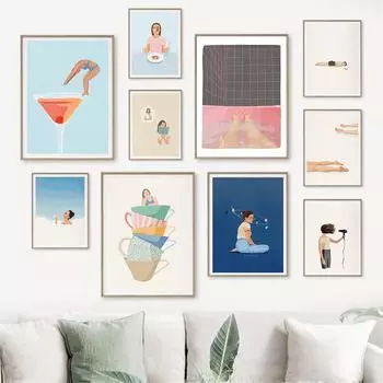 Абстрактный персонаж плакат плавающая девушка настенное искусство холст минималистский жизнь современный творческий принт 21cm30cm NoFrame