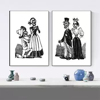 Абстрактный плакат со скелетом «Предложение руки и сердца» и картина на холсте, настенная художественная картина, черно-белая любовная печать, домашний декор 21cm30cm No Frame