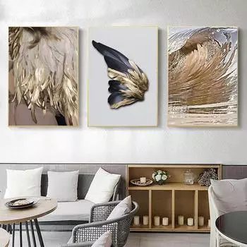 Абстрактный постер с золотым пером и принтом в виде крыла, холст, картины, роскошные настенные художественные картины для интерьера для украшения дома в стиле лофт 21x30cm No Frame