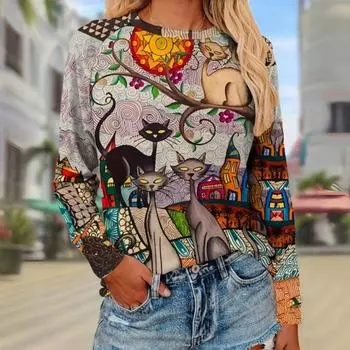 Абстрактный рисунок с рисунком кошки, модная футболка с круглым вырезом и длинными рукавами, весна/осень, хлопковые женские футболки, модная уличная женская одежда S