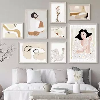 Абстрактный скандинавский постер для гостиной, женщина, полосатый цветок, пижамы, линия лица, настенная печать, картина на холсте, декоративная картинка 21x30cm No Framed