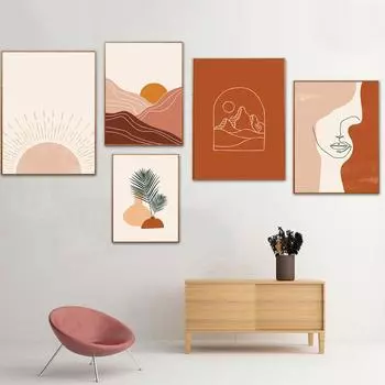 Абстрактный Стиль Плакат Восход Бохо Настенное Искусство Женское Лицо Холст Картина Комплект Линия Горизонт Картины для Домашнего Декора Гостиная 21cm30cm NoFrame
