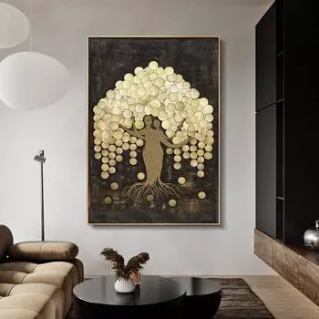 Абстрактный стиль, золотая монета, дерево, настенная живопись на холсте, скандинавский плакат с принтом, современная декоративная картина для декора гостиной 21cm30cm NoFrame