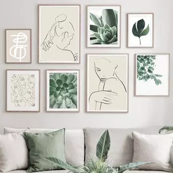 Abstrat Girl Lines суккуленты лист минималистичный настенный художественный холст постеры живопись и принты настенные панно для декора гостиной 21*30cm