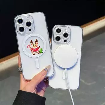 AC102 Рождественские С Новым Годом Magsafe Прозрачные Чехлы для Samsung S23 S24 Ultra S21 FE iPhone 16 13 Pro Max XR Магнитная Беспроводная Зарядка Задняя Крышка for iPhone 7 Plus/8 Plus