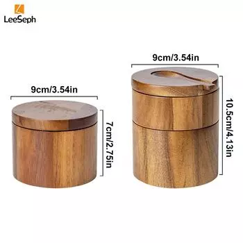 Acacia Wood Salt and Pepper Cellar with Magnetic Swivel Lid and Wood Spoon, Seasonings Container Holder for Spices Sugar Pepper