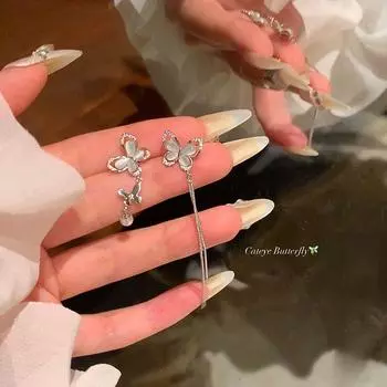 Accessible Luxury Asymmetric Butterfly Female Pearl Tassel Earrings Asymmetric 925 silver needle pair