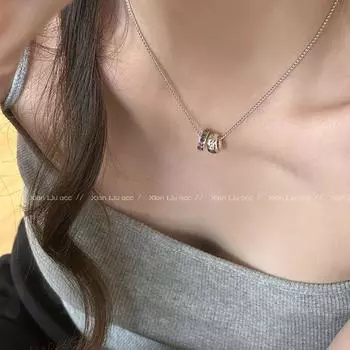 Accessible Luxury Double Ring Female Clavicle Chain Niche Design Colorful Crystals Rainbow Diamond Round Wheel Letter Necklace