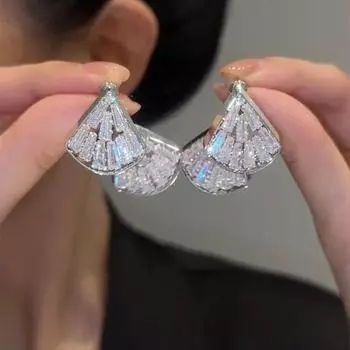 Accessible Luxury Fan-Shaped Women s Fashion All-Match Frosty Style Earrings Fan-shaped zircon earrings Silver