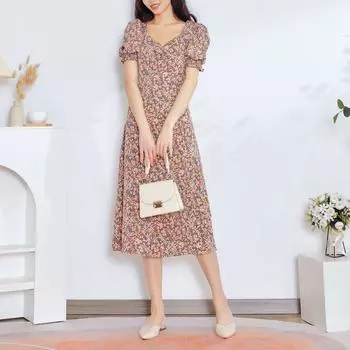 Accessible Luxury Floral Slim-Fitting A- line Dress Split Short Sleeve Coffee Print M