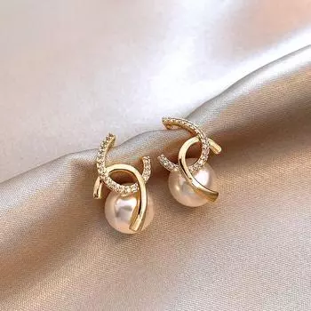 Accessible Luxury French Style Full Diamond Golden Women s Unique Pearl Earrings Double C cross Pearl