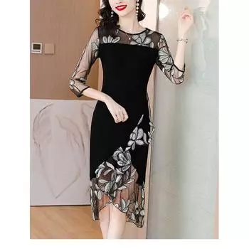 Accessible Luxury Heavy Industry New Arrival Niche Style Black Mermaid Dress Embroider Foil Long sleeves 3XL