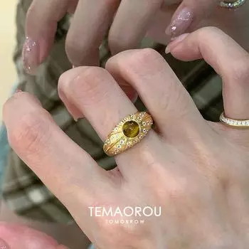 Accessible Luxury Micro-Inlaid Chinese Ancient Style Metal Ring Female Niche Style Zircon Middle Ancient Ring Single ~ Open Ring