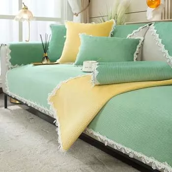 Accessible Luxury Non Slip Sofa Seat Cushion All Year Round Neutral Towel Fabric Cotton Linen Cover Scandinavian Full Covered Summer Simplicity Modern Shattered Lace-Green 70*70cm