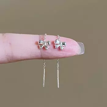 Accessible Luxury S999 Sterling Silver Women s Bows Tassel Stud Earrings Bows tassel ear line [4.5cm] -999 sterling silver