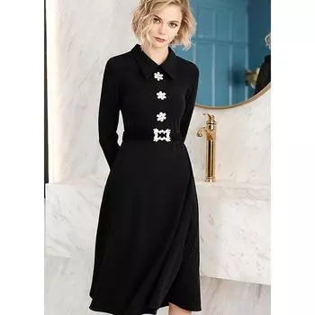 Accessible Luxury Seckill European and American Famous Brand Slim Fit below the Knee Dress Black S (In Stock)