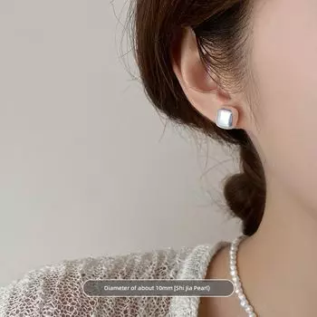 Accessible Luxury Square Female Easiest for Match 925 Silver Pearl Stud Earrings Shi Jia dazzle color white/925 silver needle pair