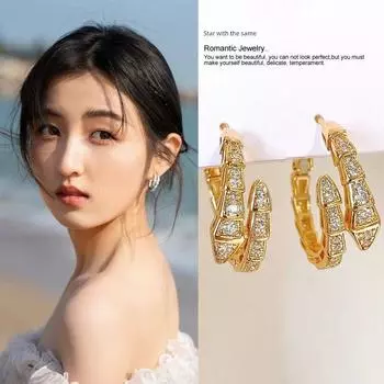 Accessible Luxury Unique Golden Serpentine Niche Earrings Female Zircon Golden Serpentine Circle