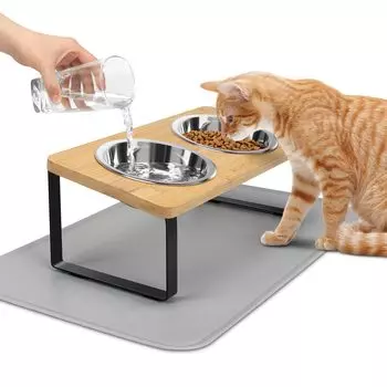 ACEONE Cat Food Cat Bowl с кошачьим кормом 15 градусов Pet Tableware with Bamboo Cat Tableware Dish Feeding Stand Bowl, Mat, Bowl, Angle, Stand,