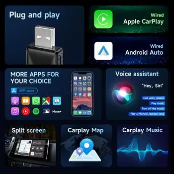 Acodo Smallest Box 2in1 CarPlay и Android Auto Проводной беспроводной адаптер Bluetooth Auto Connect Plug and Play Smart Dongle