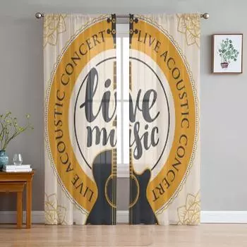 Акустическая гитара, написанная вокруг цветочного тюля, прозрачные шторы для гостиной, спальни, кухни, вуаль, органза, шторы 135W x 114H(cm)