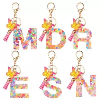 Acrylic Butterfly 26 Letter Keychain Heart Filling Tassel Pendant Keyring for Women Fashion Bag Ornament DIY Accessories Gifts