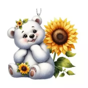 Acrylic Charming 2d Sunflower Polar Bear Car Pendant For Adorable Decoration Vehicle