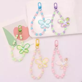 Acrylic Cute Butterfly Mobile Phone Strap Candy Color Beaded Lanyard Cellphone Rope Backpack Charm Keychain Jewelry Accessories