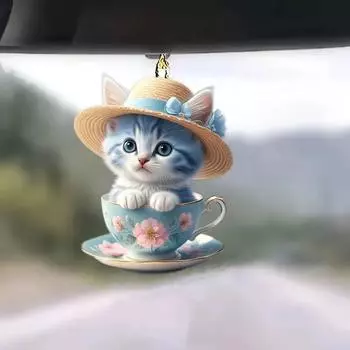 Acrylic Cute Cat Mug Hangable Charm For Eyecatching Car Interior Home Decor