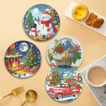 Acrylic Merry Christmas Diamond Painting Placemats Round Diamond Painting Table Mats Rhinestone Anti-slip Placemat for Adults