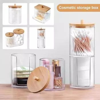 Acrylic Storage Box Bathroom Qtips Holder Jars Dispenser with Bamboo Lids Clear Makeup Organizer Cotton Swab Box Set New