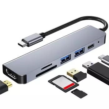 AD-033 6 в 1 USB-C / Type-C на 4K HDMI + слот для карт SD / TF + PD USB-C / Type-C зарядка + 2 порта USB 3.0 многофункциональная док-станция-концентратор 6 In 1